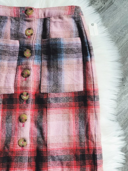 NEW Anthropologie Maeve Fringed Pink Blue Plaid Button Mini Skirt - 2 - Picture 7 of 9
